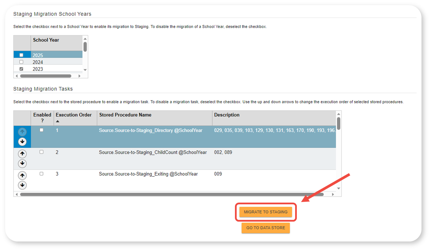 Staging Migration School Years, Tasks, and Migrate buttons with arrow pointing to "Migrate" button 